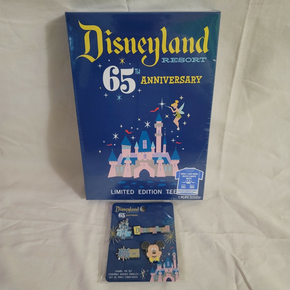 Disney T-Shirt and Pin Set Unisex 2XL Blue Disneyland 65th Anniversary Limited